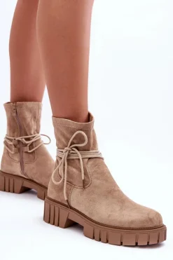 Discount Boto Zamszowe Botki Damskie Z Wiązaniem Beżowe Lineanor