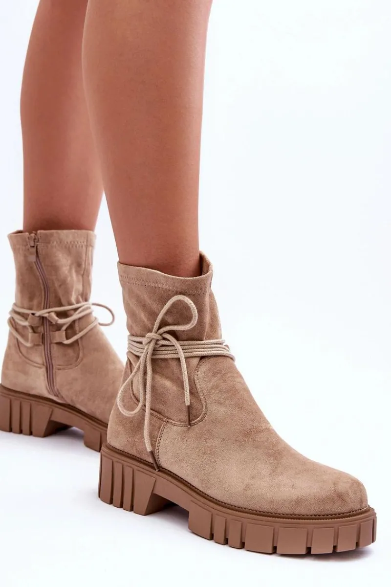 Discount Boto Zamszowe Botki Damskie Z Wiązaniem Beżowe Lineanor