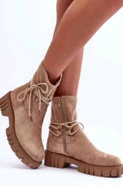 Discount Boto Zamszowe Botki Damskie Z Wiązaniem Beżowe Lineanor