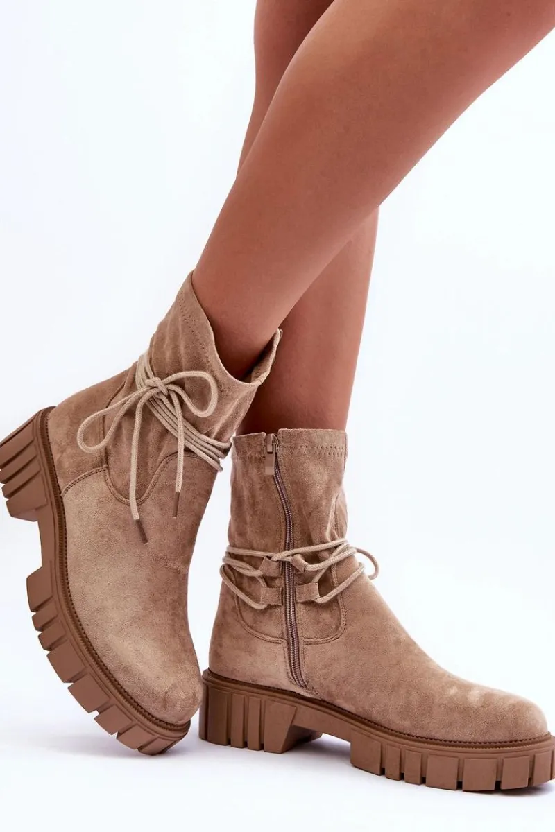 Discount Boto Zamszowe Botki Damskie Z Wiązaniem Beżowe Lineanor