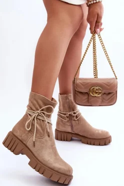 Discount Boto Zamszowe Botki Damskie Z Wiązaniem Beżowe Lineanor