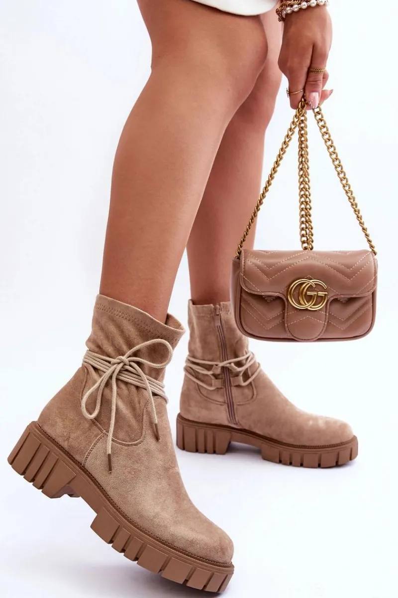 Discount Boto Zamszowe Botki Damskie Z Wiązaniem Beżowe Lineanor