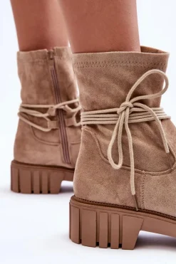 Discount Boto Zamszowe Botki Damskie Z Wiązaniem Beżowe Lineanor