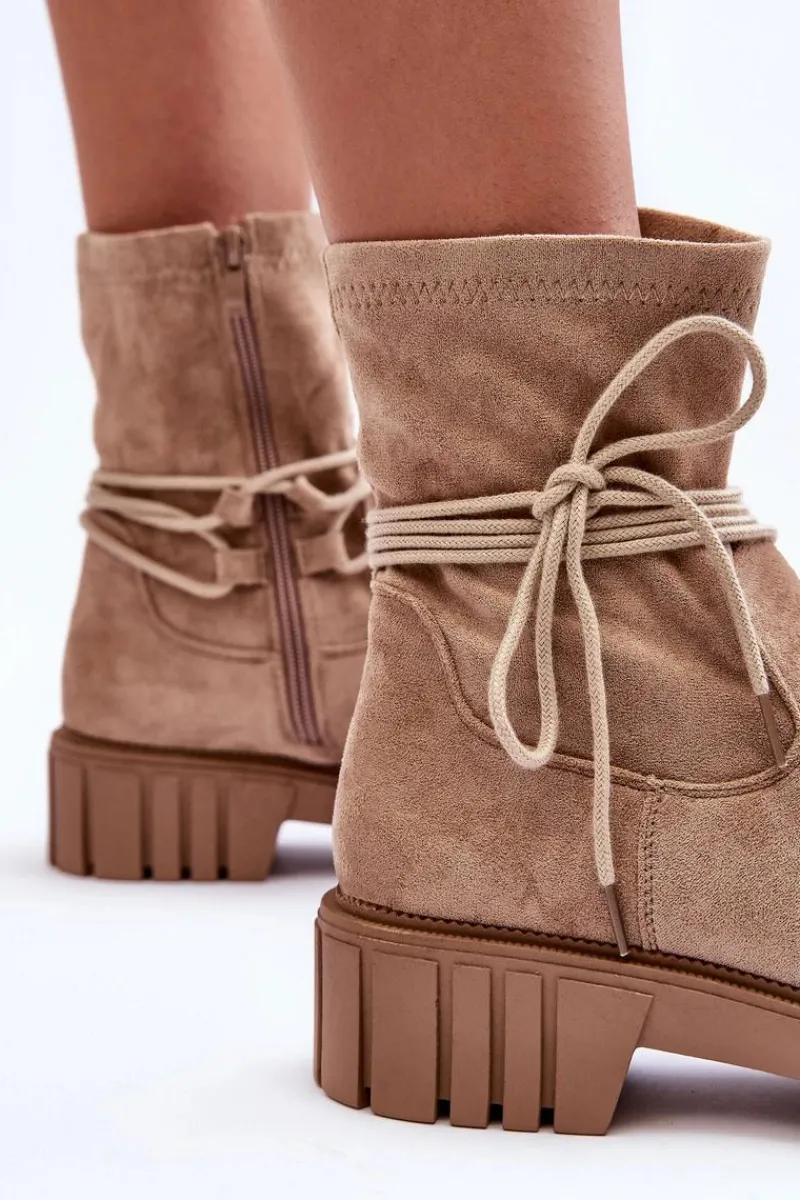 Discount Boto Zamszowe Botki Damskie Z Wiązaniem Beżowe Lineanor