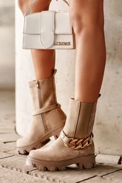Sale Boto Zamszowe Botki Damskie Z Łańcuchem Beżowe Nemette