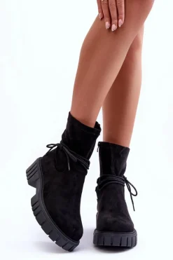 Botki Wiosenne|Czarne Botki>Boto Zamszowe Botki Damskie Z Wiązaniem Czarne Lineanor