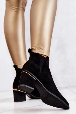 Hot Zamszowe Botki Kowbojki Ażurowe Czarne Helloni Damskie Botki Na Słupku|Czarne Botki