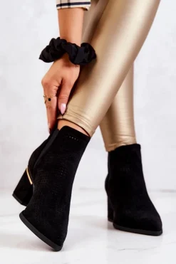 Hot Zamszowe Botki Kowbojki Ażurowe Czarne Helloni Damskie Botki Na Słupku|Czarne Botki