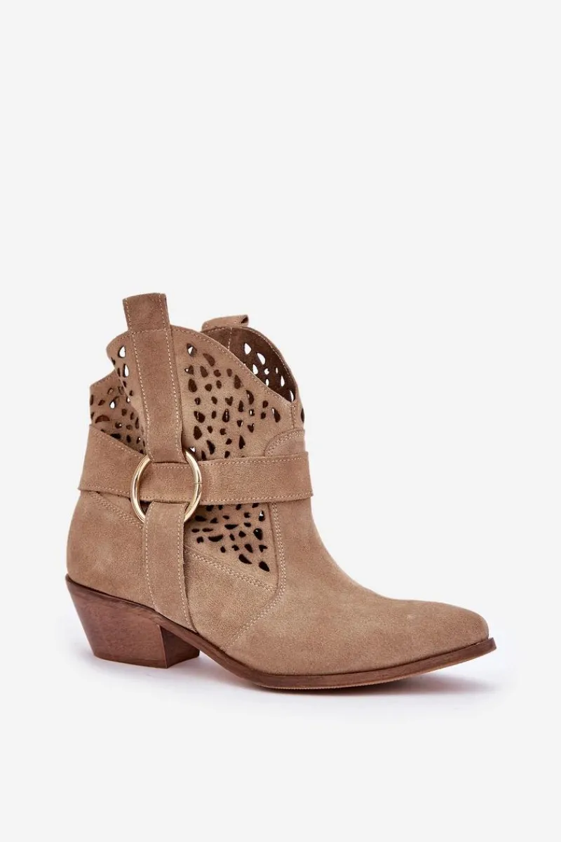 Discount Zamszowe Botki Kowbojki Ażurowe Na Obcasie 2994 Beżowe Damskie Botki Wiosenne|Botki Na Słupku