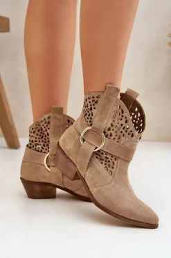 Discount Zamszowe Botki Kowbojki Ażurowe Na Obcasie 2994 Beżowe Damskie Botki Wiosenne|Botki Na Słupku