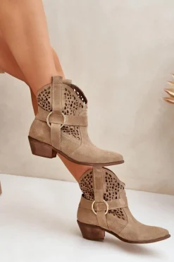 Discount Zamszowe Botki Kowbojki Ażurowe Na Obcasie 2994 Beżowe Damskie Botki Wiosenne|Botki Na Słupku