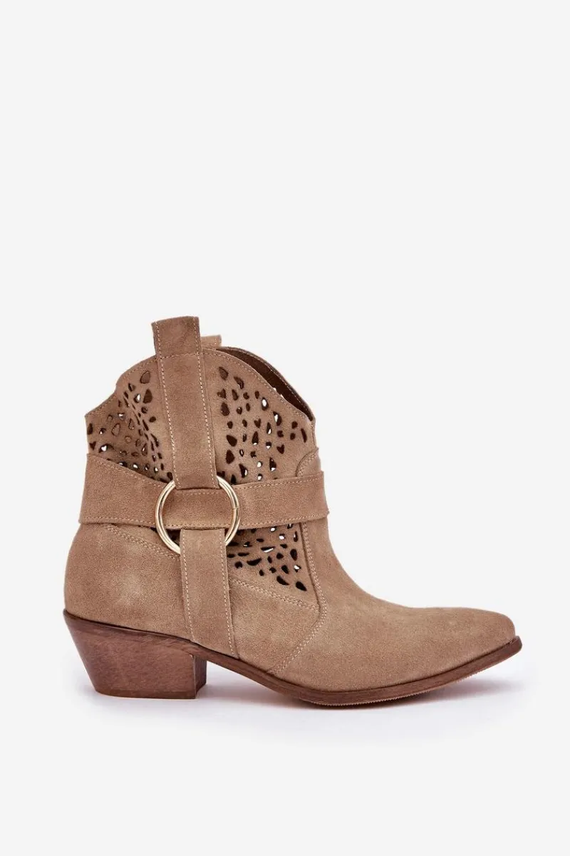Discount Zamszowe Botki Kowbojki Ażurowe Na Obcasie 2994 Beżowe Damskie Botki Wiosenne|Botki Na Słupku
