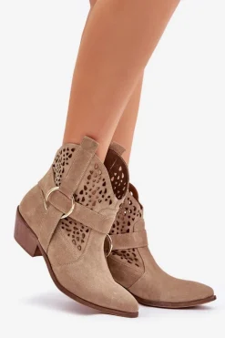 Discount Zamszowe Botki Kowbojki Ażurowe Na Obcasie 2994 Beżowe Damskie Botki Wiosenne|Botki Na Słupku