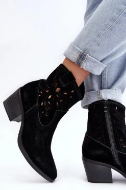 Botki Wiosenne|Botki Skórzane>Damskie buty S.Barski Zamszowe Botki Kowbojki Ażurowe D&A SN622-20 Czarne Czarny