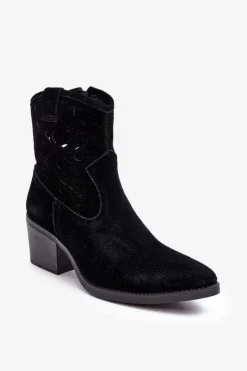 Botki Wiosenne|Botki Skórzane>Damskie buty S.Barski Zamszowe Botki Kowbojki Ażurowe D&A SN622-20 Czarne Czarny