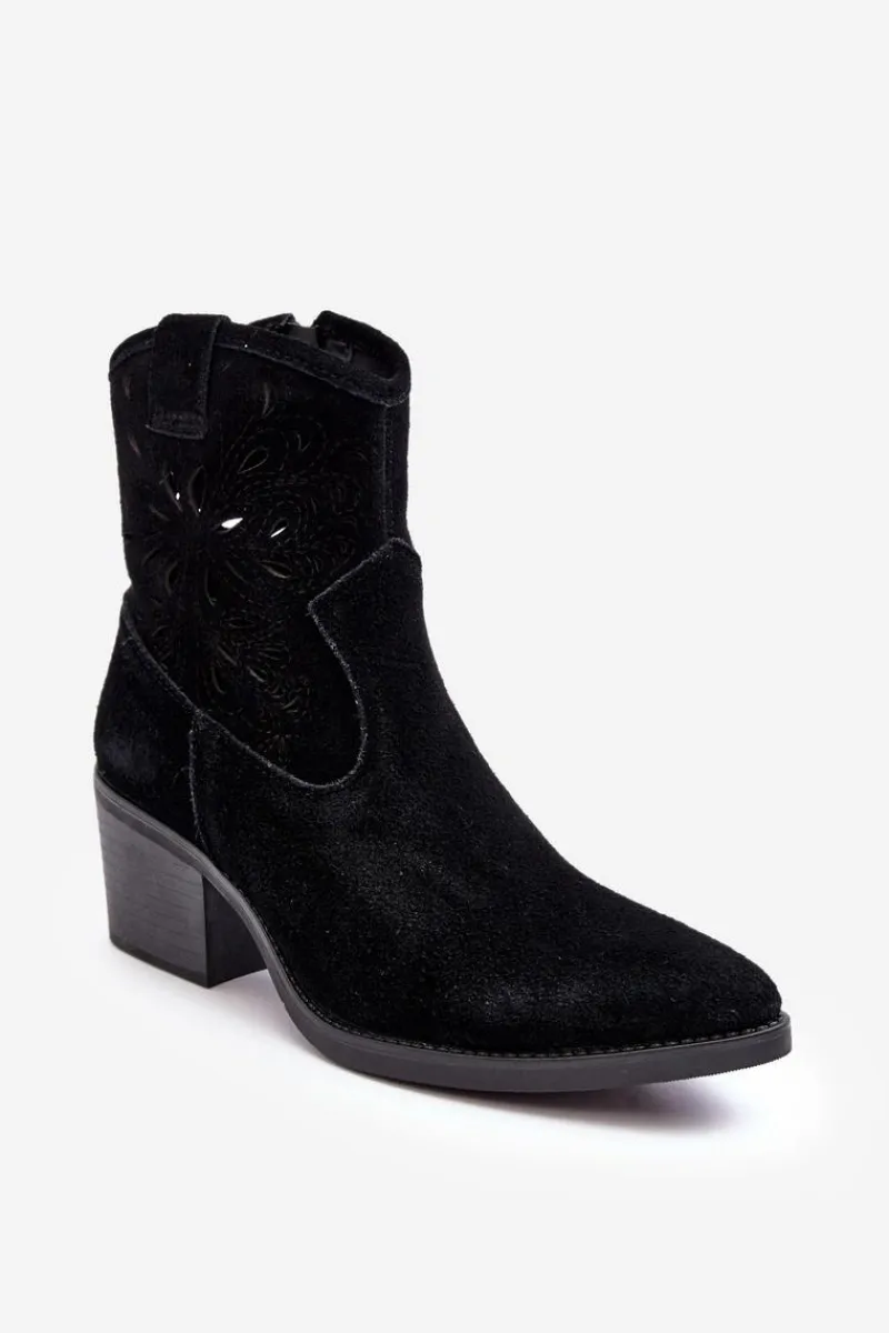 Botki Wiosenne|Botki Skórzane>Damskie buty S.Barski Zamszowe Botki Kowbojki Ażurowe D&A SN622-20 Czarne Czarny