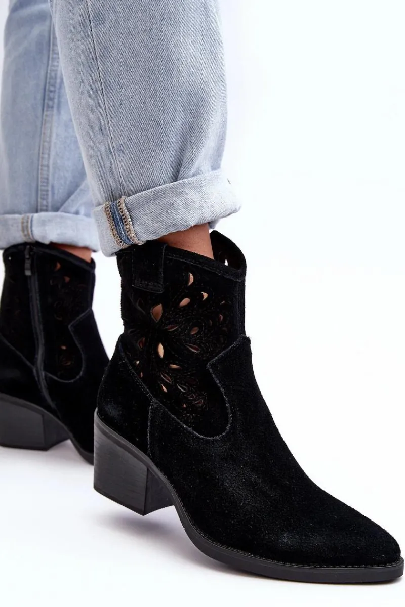 Botki Wiosenne|Botki Skórzane>Damskie buty S.Barski Zamszowe Botki Kowbojki Ażurowe D&A SN622-20 Czarne Czarny