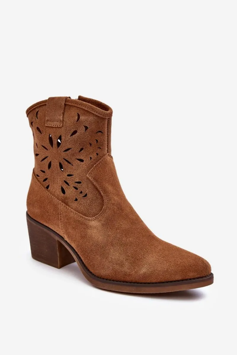 Outlet Zamszowe Botki Kowbojki Ażurowe D&A SN622-20 Camel Damskie Botki Wiosenne|Botki Skórzane