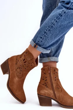 Outlet Zamszowe Botki Kowbojki Ażurowe D&A SN622-20 Camel Damskie Botki Wiosenne|Botki Skórzane