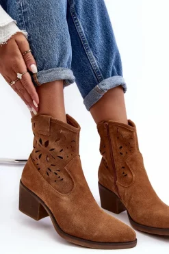 Outlet Zamszowe Botki Kowbojki Ażurowe D&A SN622-20 Camel Damskie Botki Wiosenne|Botki Skórzane