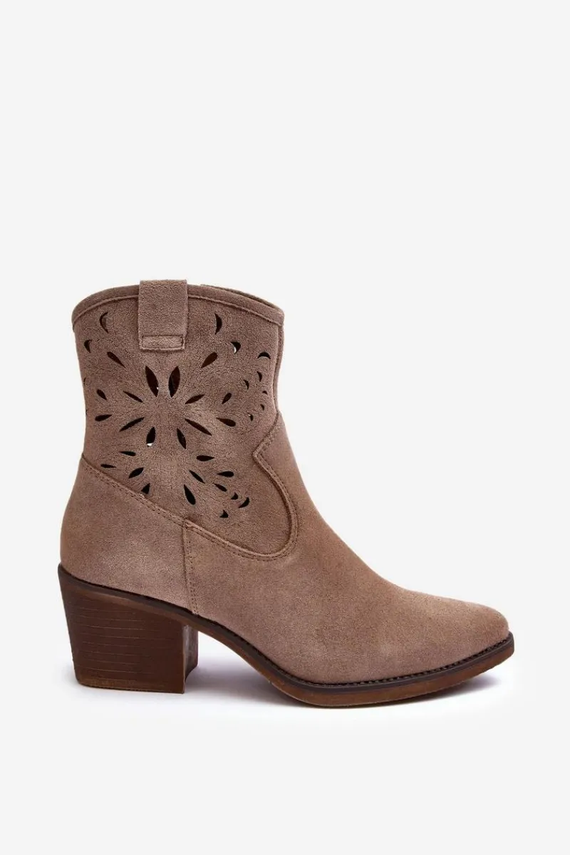 Outlet Damskie buty S.Barski Zamszowe Botki Kowbojki Ażurowe D&A SN622-20 Ciemnobeżowe