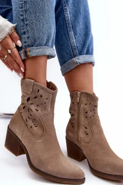 Outlet Damskie buty S.Barski Zamszowe Botki Kowbojki Ażurowe D&A SN622-20 Ciemnobeżowe