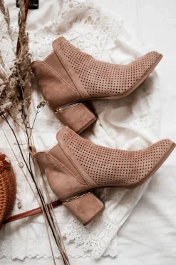 New Boto Zamszowe Botki Kowbojki Ażurowe Ciemnobeżowe Helloni