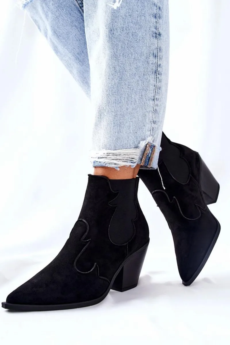 Zamszowe Botki Kowbojki Czarne Maurelle Damskie Czarne Botki|Botki Zimowe Damskie