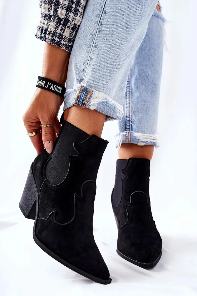 Zamszowe Botki Kowbojki Czarne Maurelle Damskie Czarne Botki|Botki Zimowe Damskie