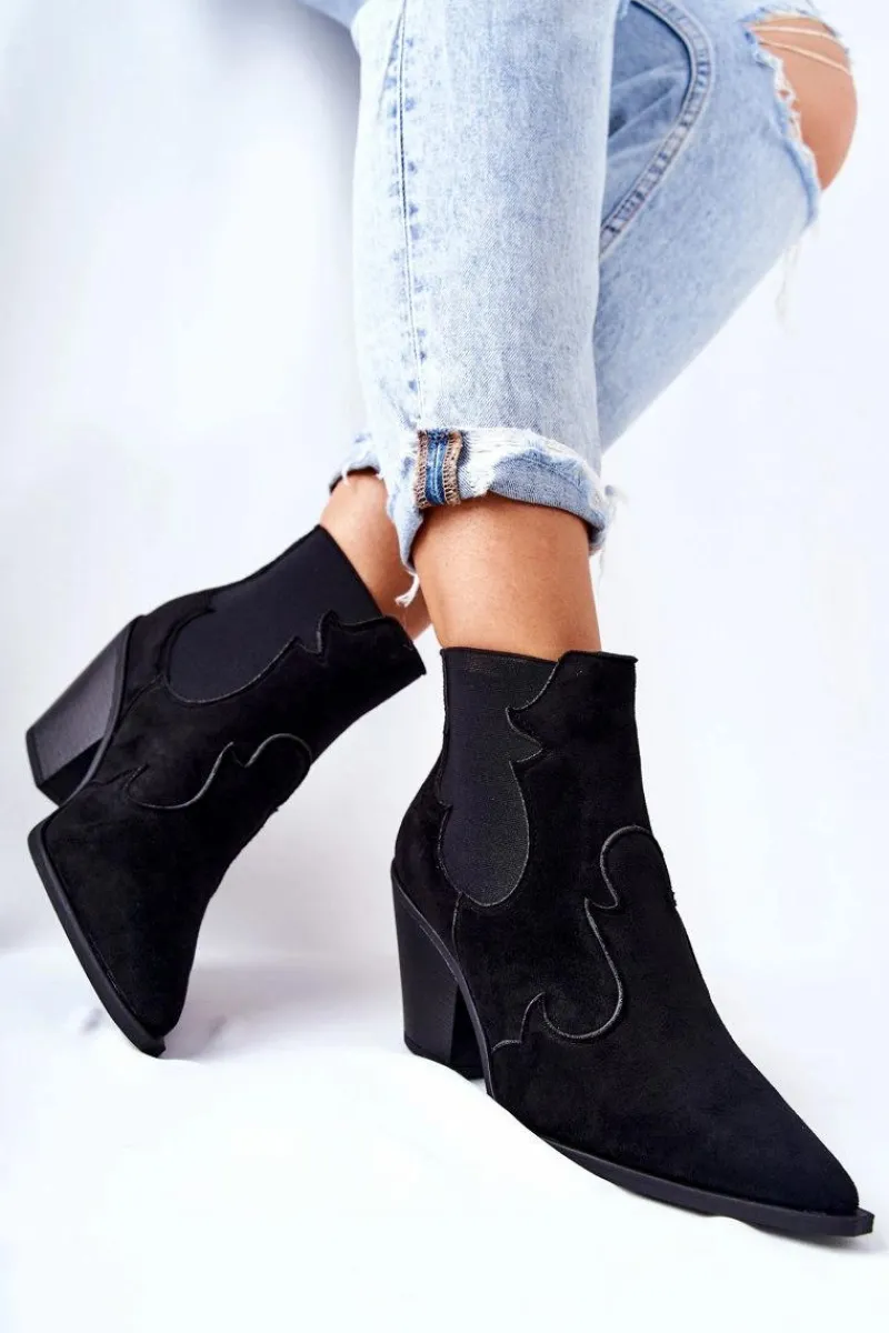 Zamszowe Botki Kowbojki Czarne Maurelle Damskie Czarne Botki|Botki Zimowe Damskie