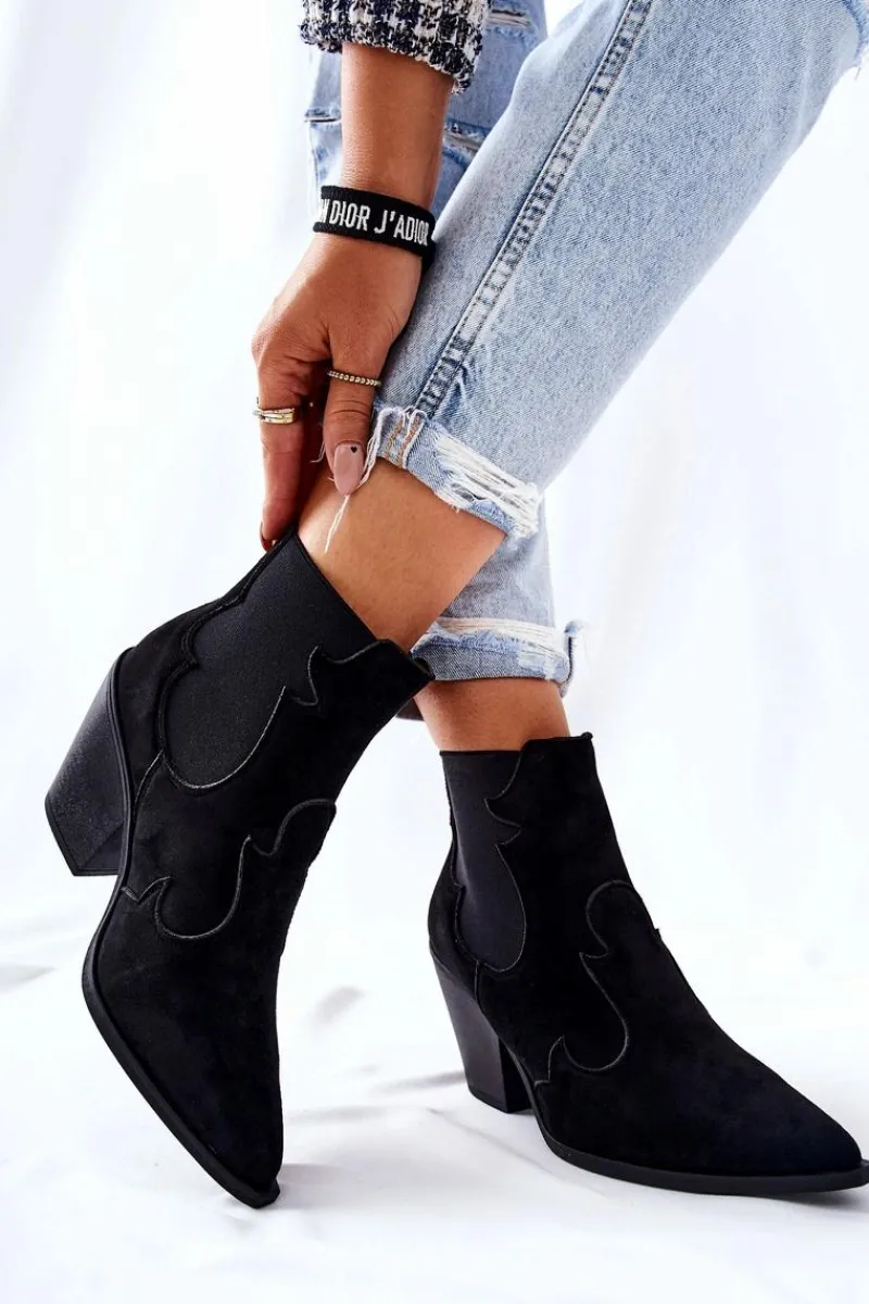 Zamszowe Botki Kowbojki Czarne Maurelle Damskie Czarne Botki|Botki Zimowe Damskie