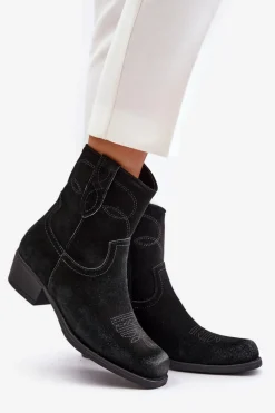 Online Zamszowe Botki Kowbojki Damskie Na Niskim Obcasie Ocieplane Sergio Leone BT284-S Czarne Damskie Botki Ocieplane|Czarne Botki