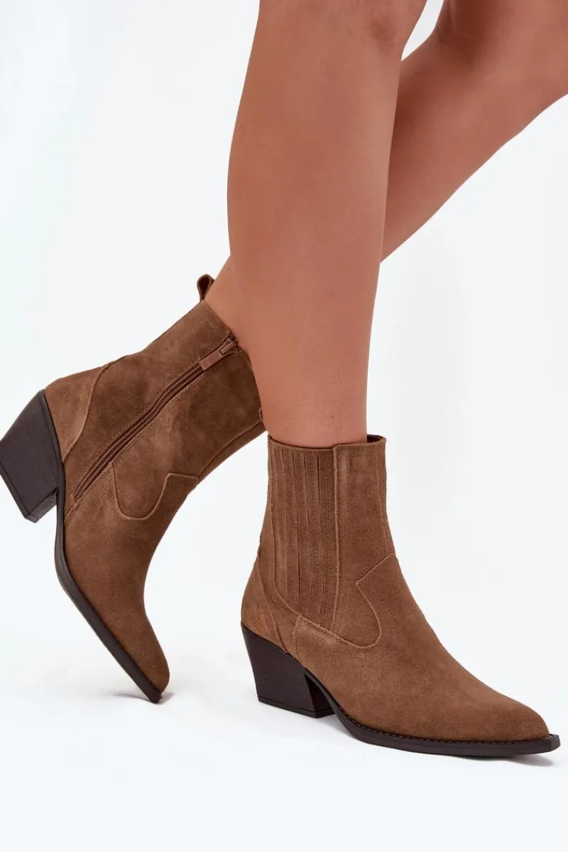 Sale Zamszowe Botki Kowbojki Damskie Na Słupku Ocieplane Camel Dylira Damskie Botki Ocieplane|Botki Na Słupku