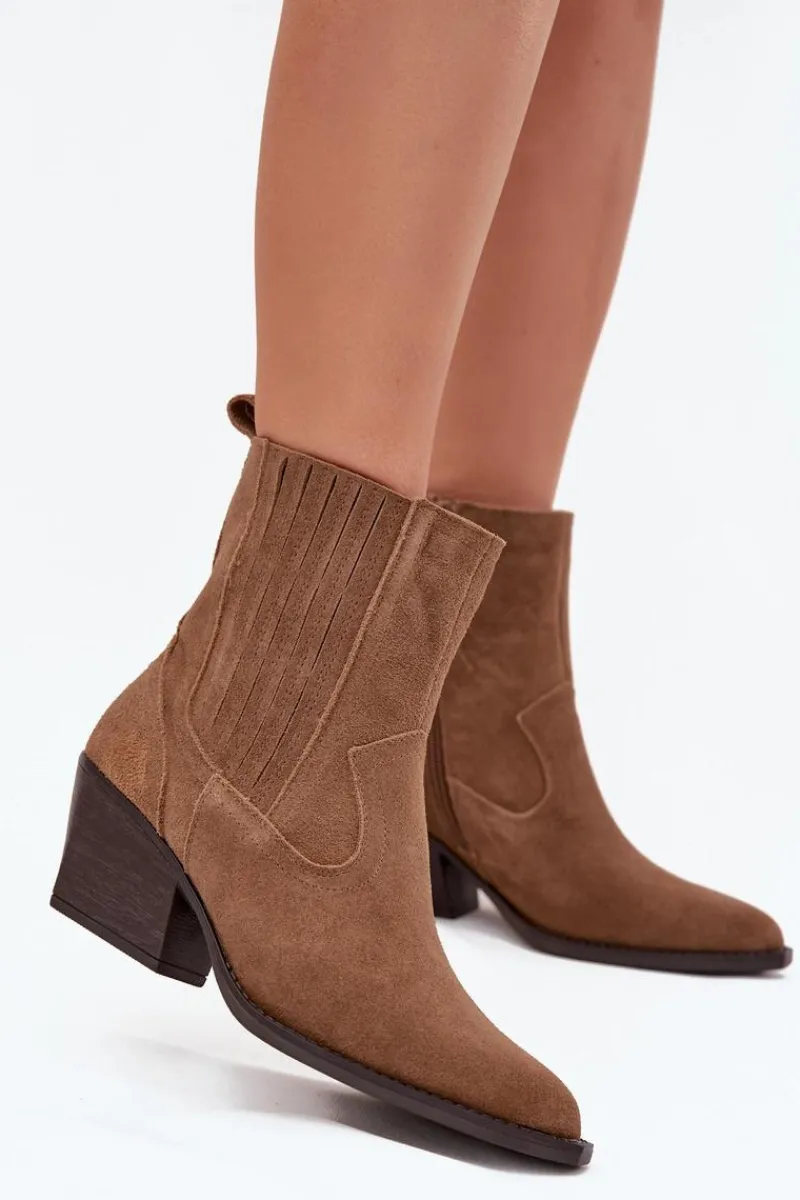 Sale Zamszowe Botki Kowbojki Damskie Na Słupku Ocieplane Camel Dylira Damskie Botki Ocieplane|Botki Na Słupku