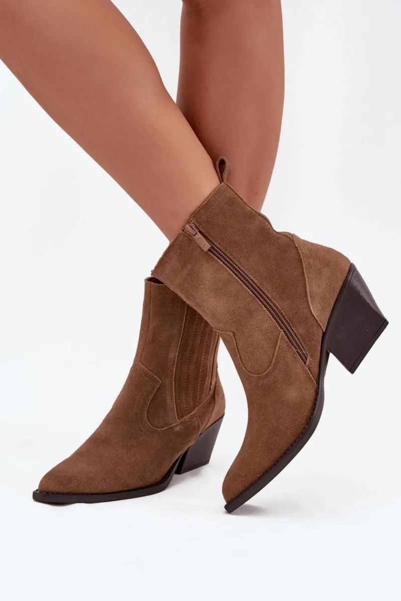 Sale Zamszowe Botki Kowbojki Damskie Na Słupku Ocieplane Camel Dylira Damskie Botki Ocieplane|Botki Na Słupku