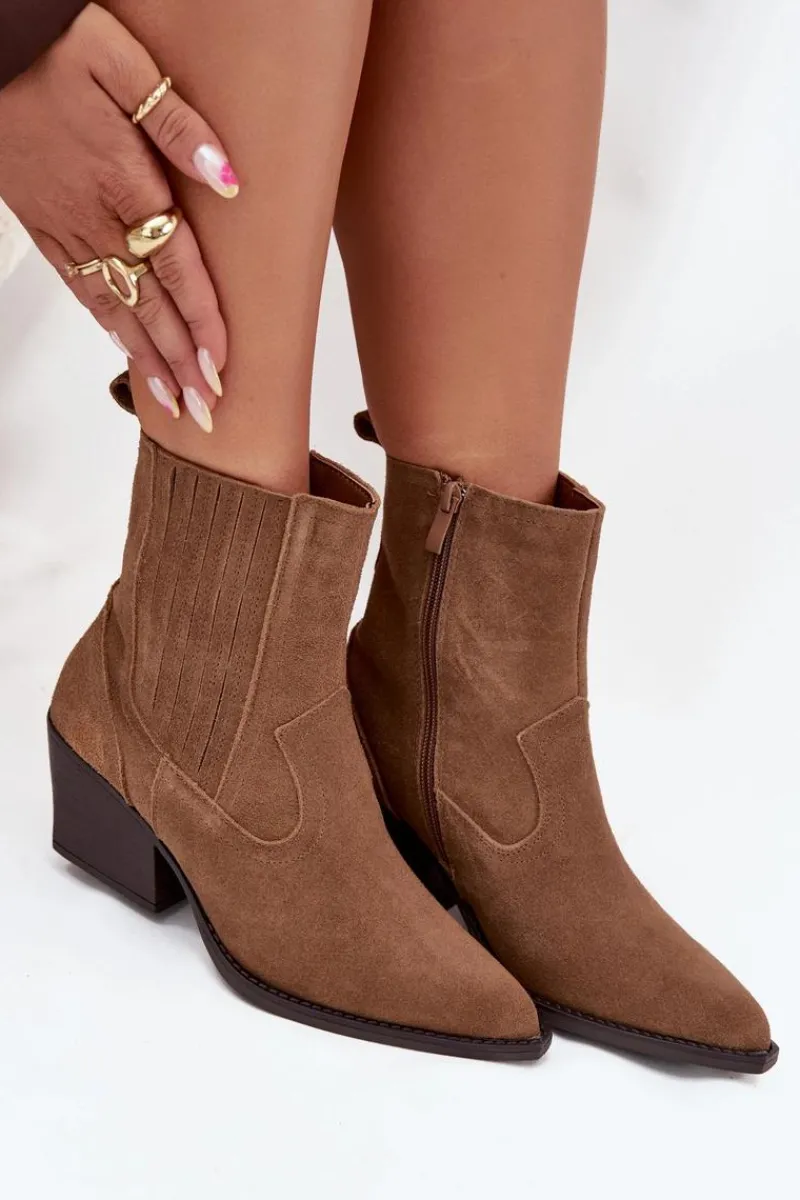 Sale Zamszowe Botki Kowbojki Damskie Na Słupku Ocieplane Camel Dylira Damskie Botki Ocieplane|Botki Na Słupku