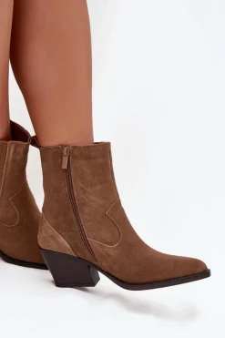 Sale Zamszowe Botki Kowbojki Damskie Na Słupku Ocieplane Camel Dylira Damskie Botki Ocieplane|Botki Na Słupku