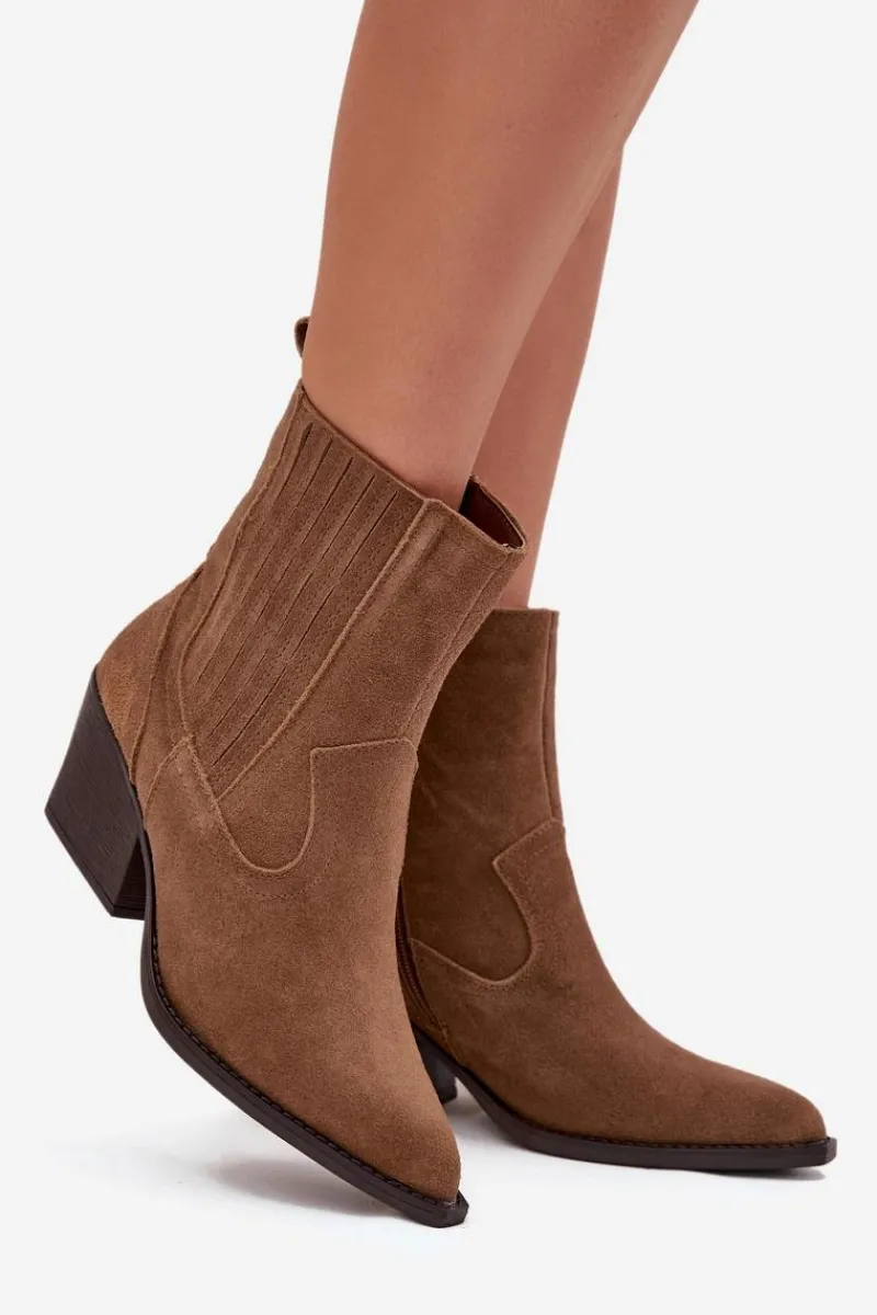 Sale Zamszowe Botki Kowbojki Damskie Na Słupku Ocieplane Camel Dylira Damskie Botki Ocieplane|Botki Na Słupku