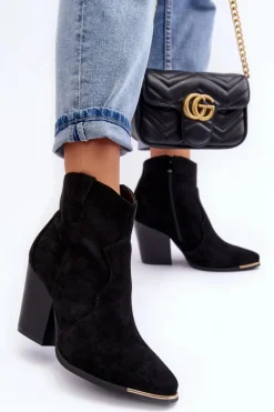 New Zamszowe Botki Kowbojki Na Obcasie Czarne Lotoune Damskie Botki Na Słupku|Czarne Botki