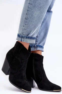 New Zamszowe Botki Kowbojki Na Obcasie Czarne Lotoune Damskie Botki Na Słupku|Czarne Botki