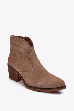 Botki Wiosenne|Botki Skórzane>Damskie buty S.Barski Zamszowe Botki Kowbojki Na Suwak D&A SN622-29 Ciemnobeżowe