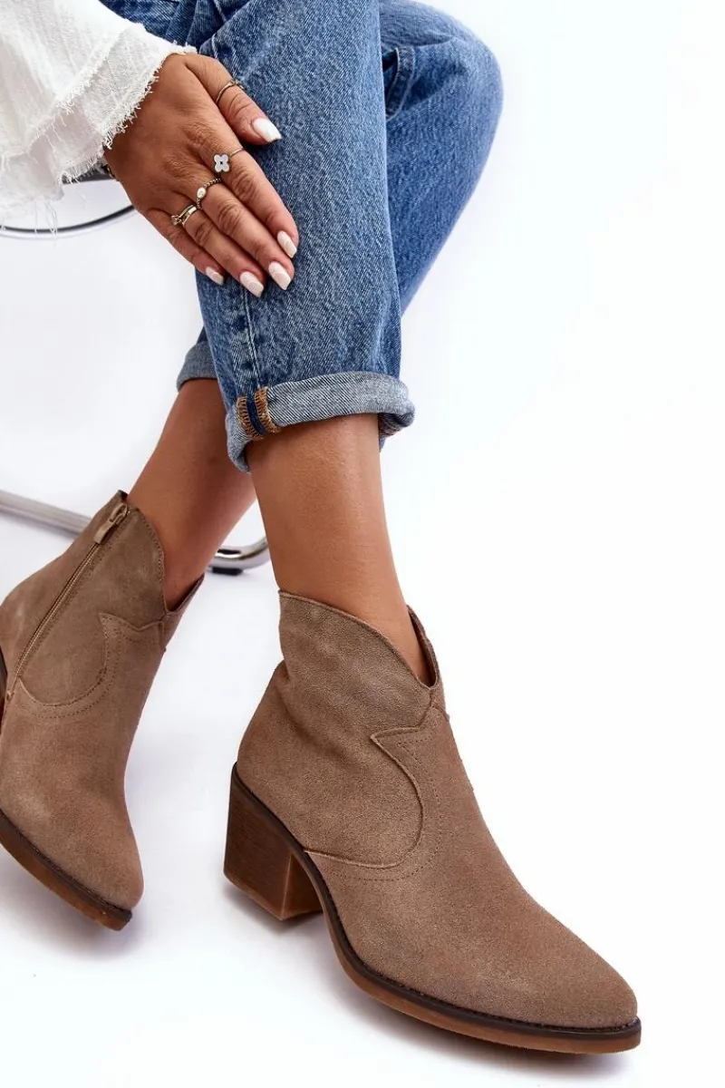 Botki Wiosenne|Botki Skórzane>Damskie buty S.Barski Zamszowe Botki Kowbojki Na Suwak D&A SN622-29 Ciemnobeżowe