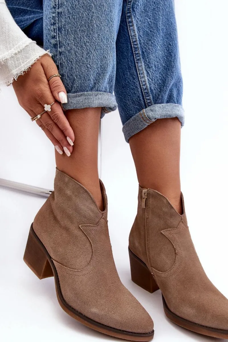 Botki Wiosenne|Botki Skórzane>Damskie buty S.Barski Zamszowe Botki Kowbojki Na Suwak D&A SN622-29 Ciemnobeżowe