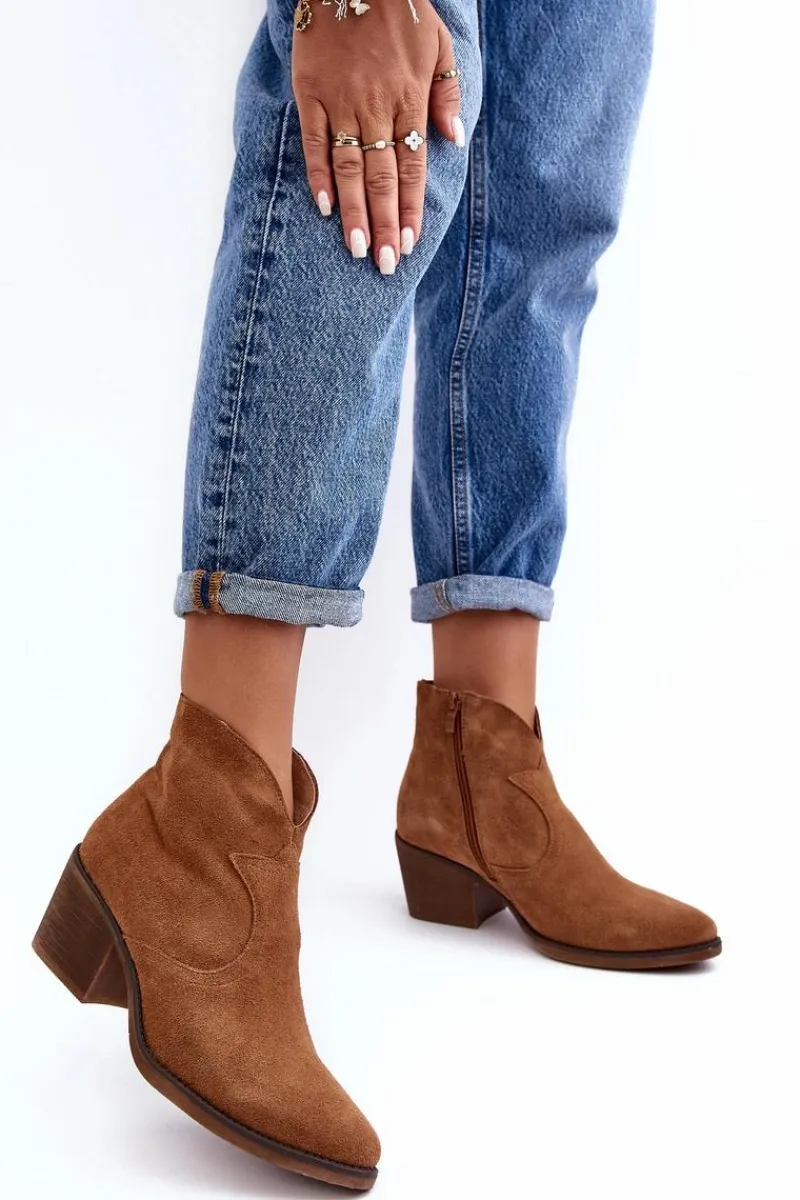Discount Damskie buty S.Barski Zamszowe Botki Kowbojki Na Suwak D&A SN622-29 Camel