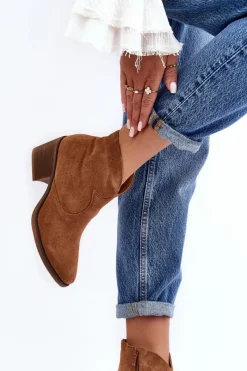 Discount Damskie buty S.Barski Zamszowe Botki Kowbojki Na Suwak D&A SN622-29 Camel