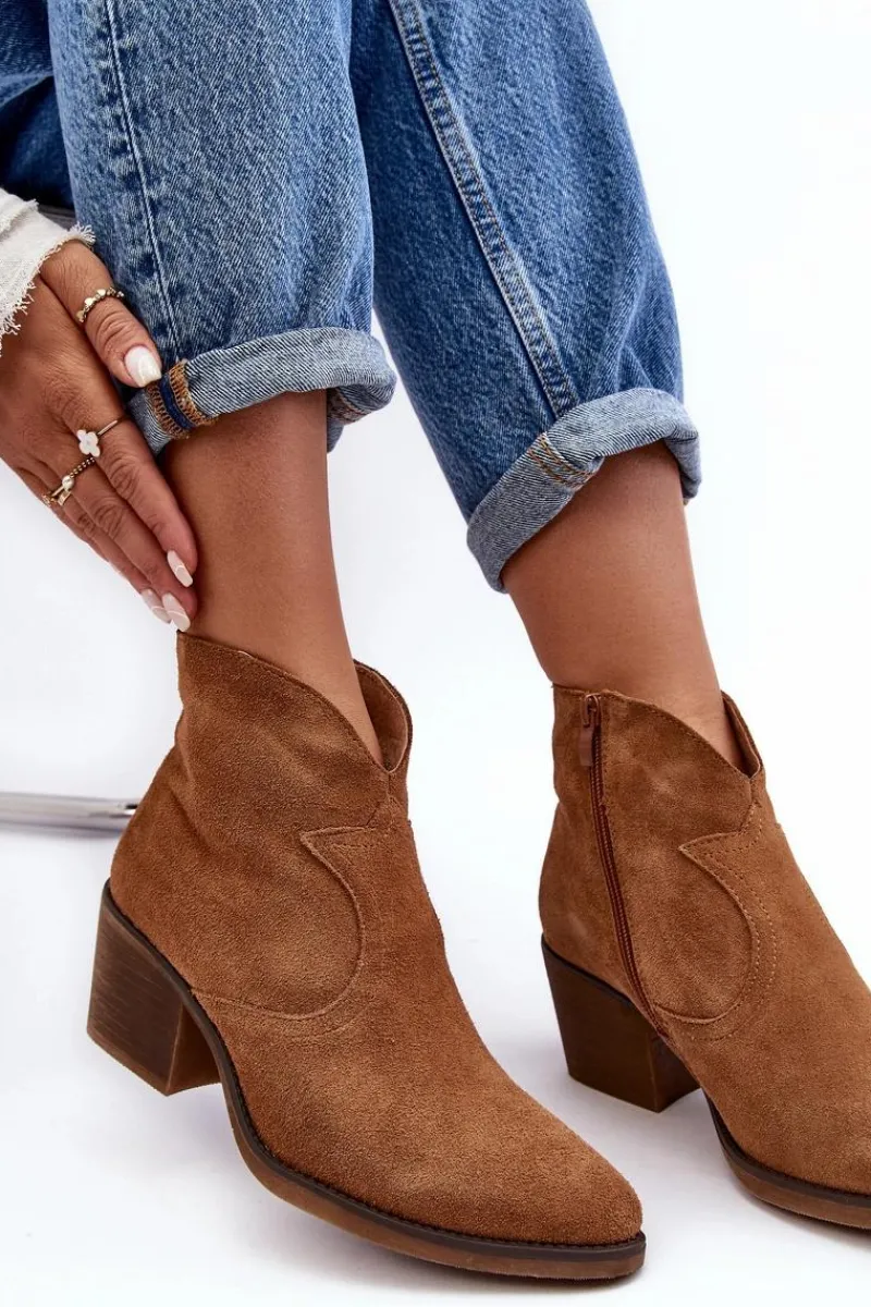Discount Damskie buty S.Barski Zamszowe Botki Kowbojki Na Suwak D&A SN622-29 Camel