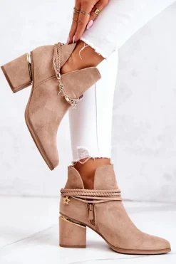 Hot Boto Zamszowe Botki Kowbojki Z Paskami Ciemnobeżowe Inessa