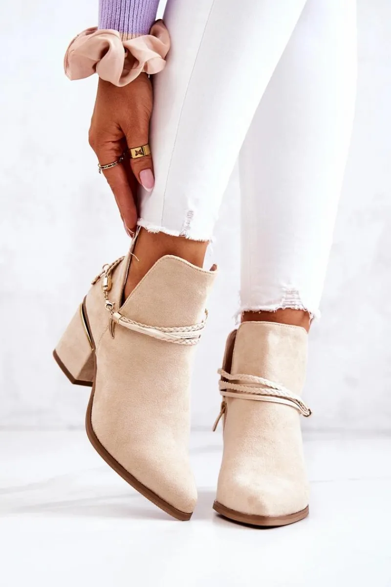 Botki Wiosenne|Botki Na Słupku>Boto Zamszowe Botki Kowbojki Z Paskami Beżowe Inessa