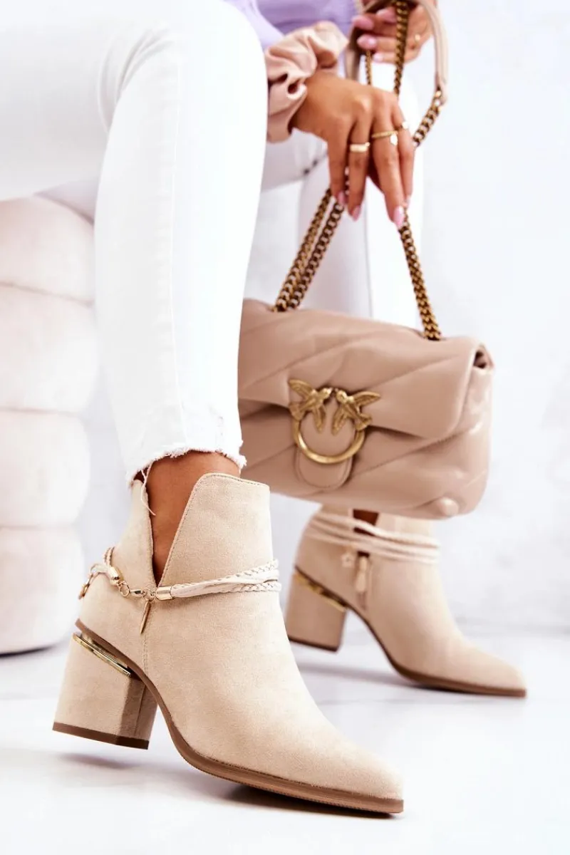 Botki Wiosenne|Botki Na Słupku>Boto Zamszowe Botki Kowbojki Z Paskami Beżowe Inessa