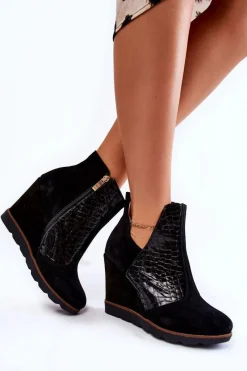 Online Zamszowe Botki Na Koturnie Krokodyli Wzór Czarne Alda Damskie Botki Wiosenne|Botki Na Koturnie